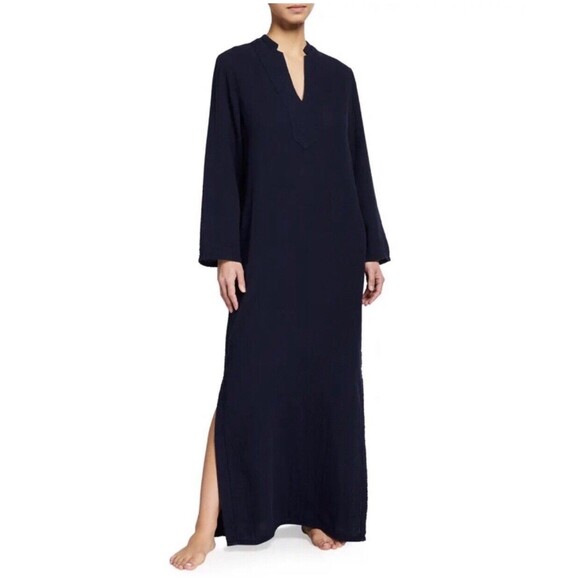 Ocean + Main Mandarin-Collar Gauze Caftan L/XL Black Side Pockets 100% Cotton - Picture 1 of 12